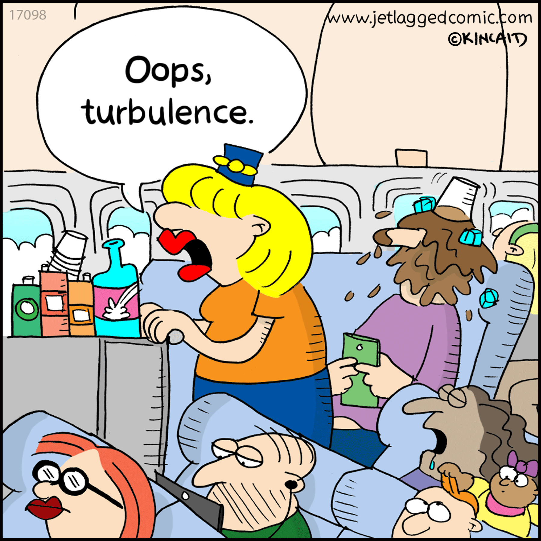 Bev spills a drink on a passenger and blames it on turbulence.
