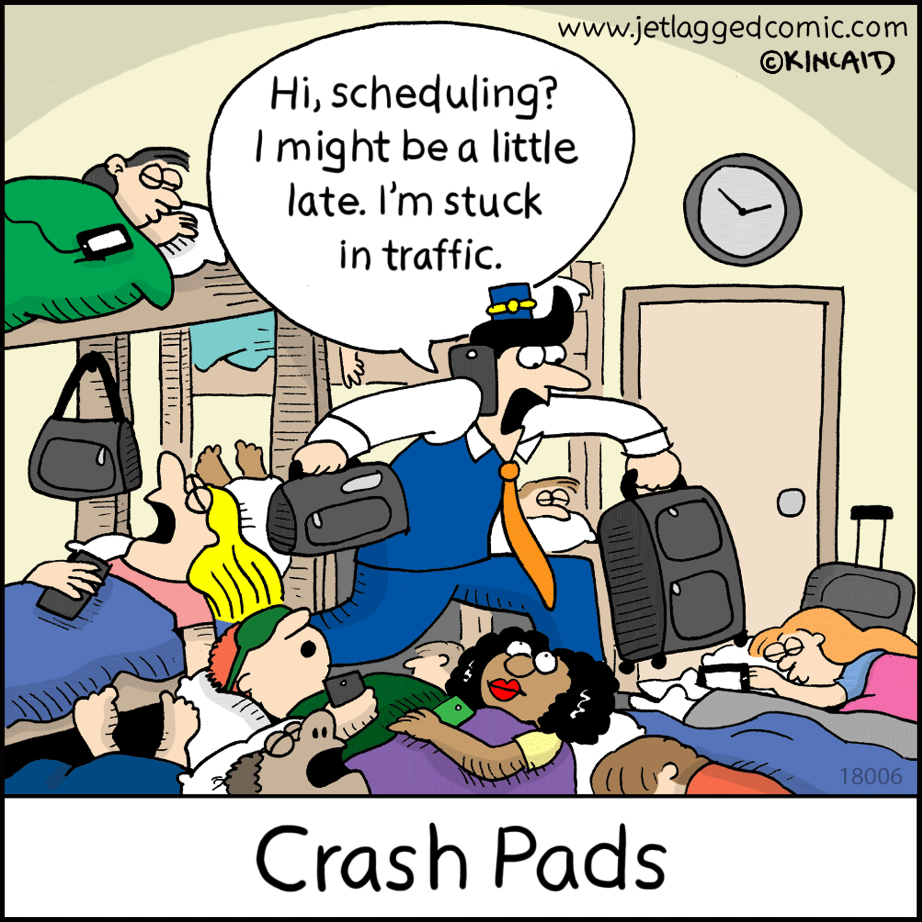 A flight attendant is stuck in crash pad "traffic."