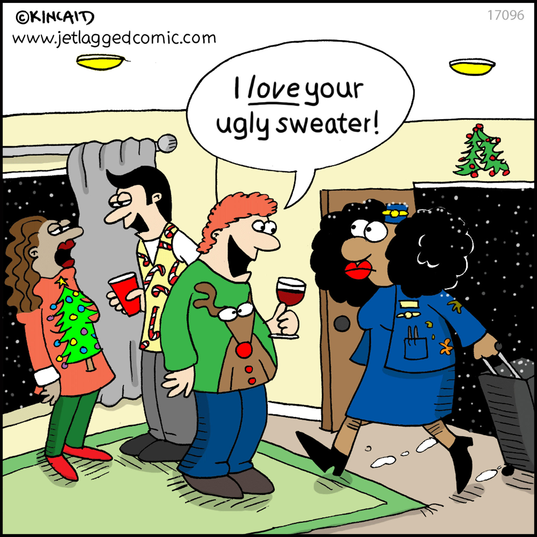 Wanda arrives at an ugly sweater party in uniform. Someone comments "I love your ugly sweater!"