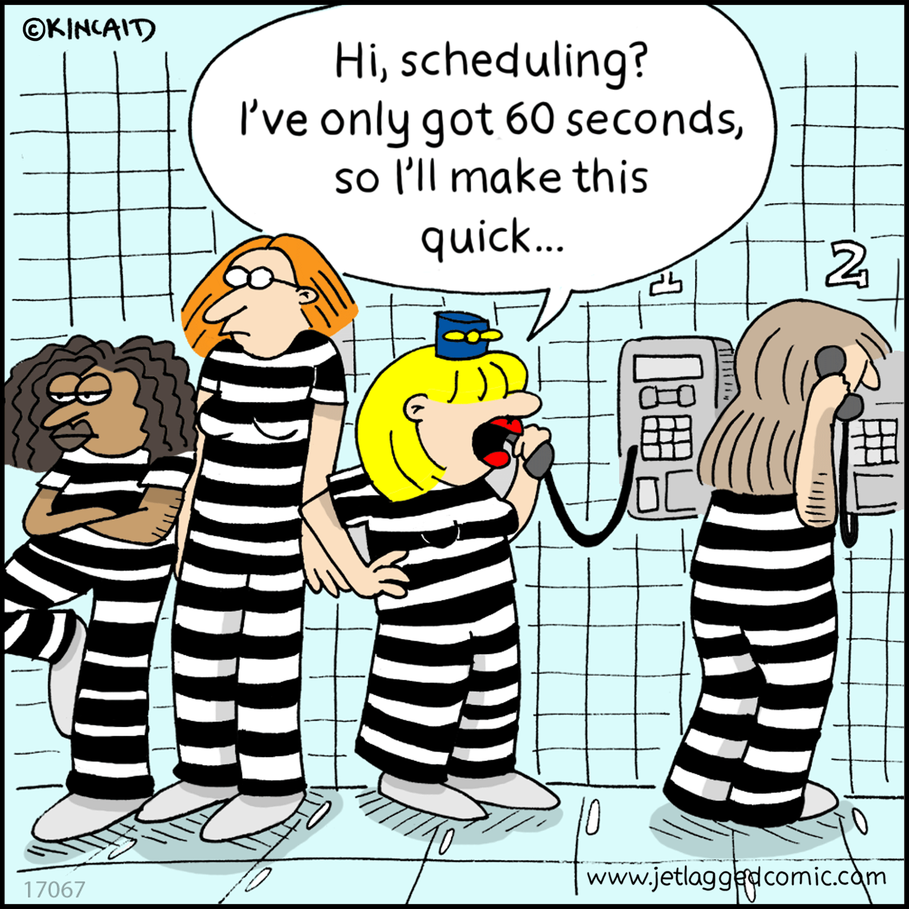 Bev makes a phone call to scheduling from jail.