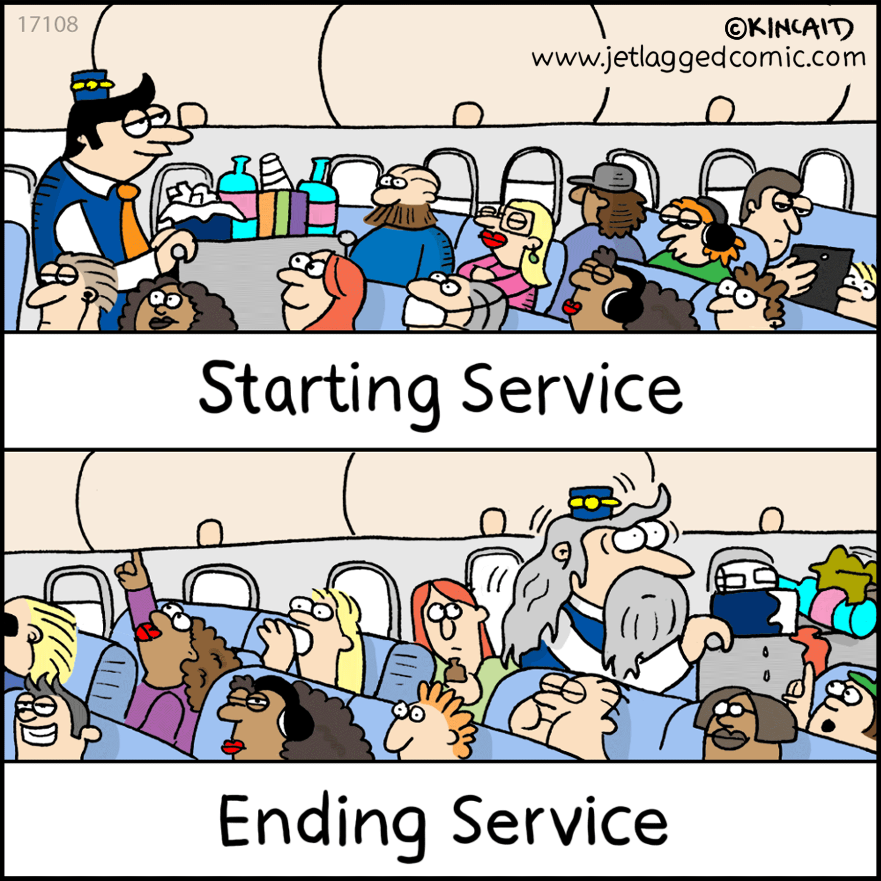 It takes this flight attendant a looong time to finish serving in coach.