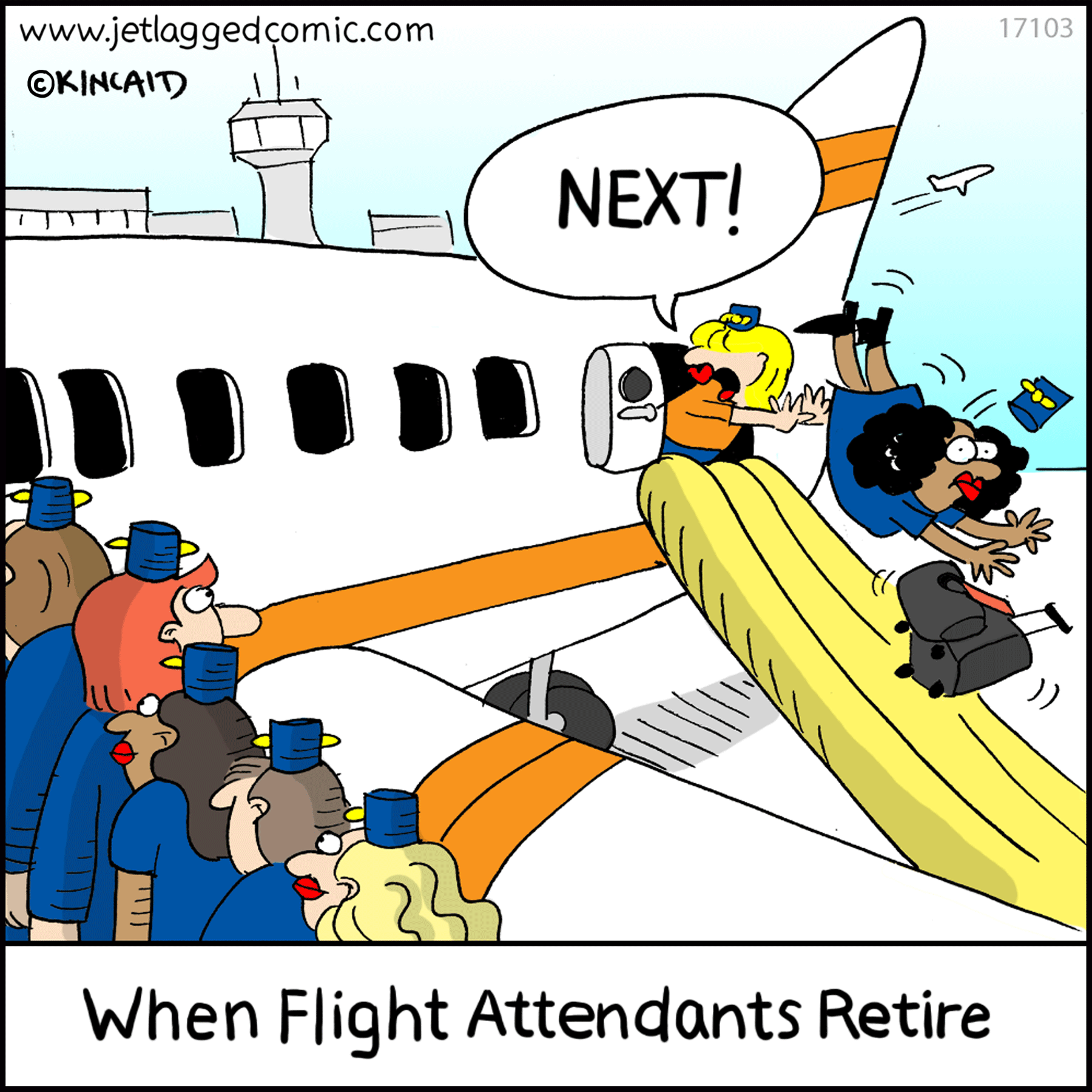 One flight attendant pushes another out of the emergency exit.