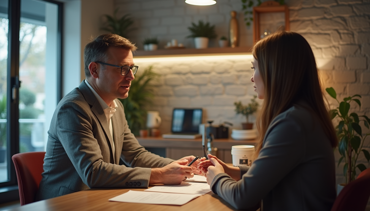 Eye-level view of a customer receiving personalized consultation in a cozy office