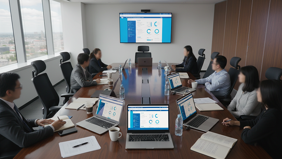 High angle view of a conference room table with laptops and notes during a team meeting