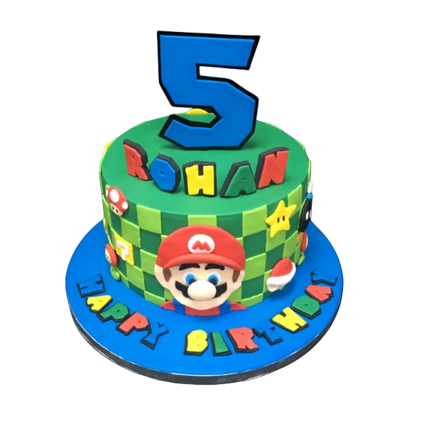 Bespoke Mario-themed cake with vibrant red and blue icing, detailed character design, in Solihull, West Midlands.