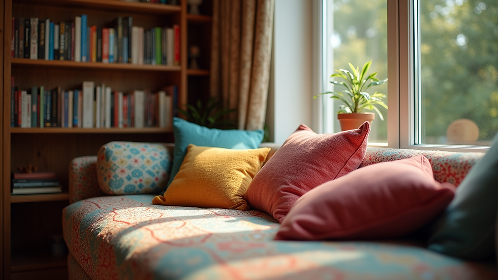 Eye-level view of a cozy reading nook with colorful cushions