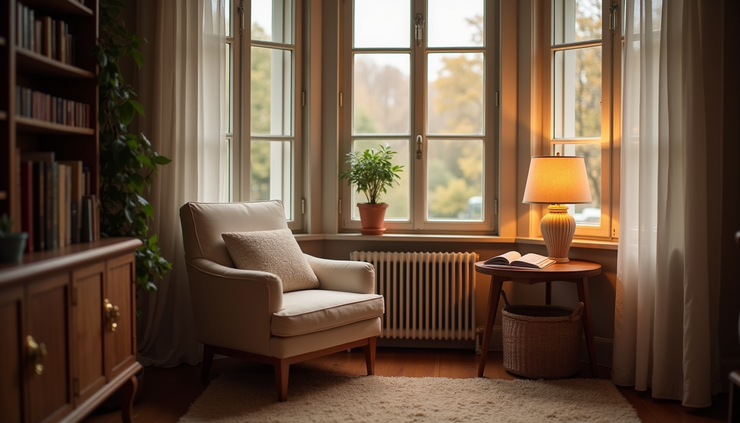 Eye-level view of a cozy reading nook with soft lighting and a comfortable armchair