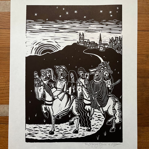 Linocut print of The Canterbury Pilgrims from The Canterbury Tales