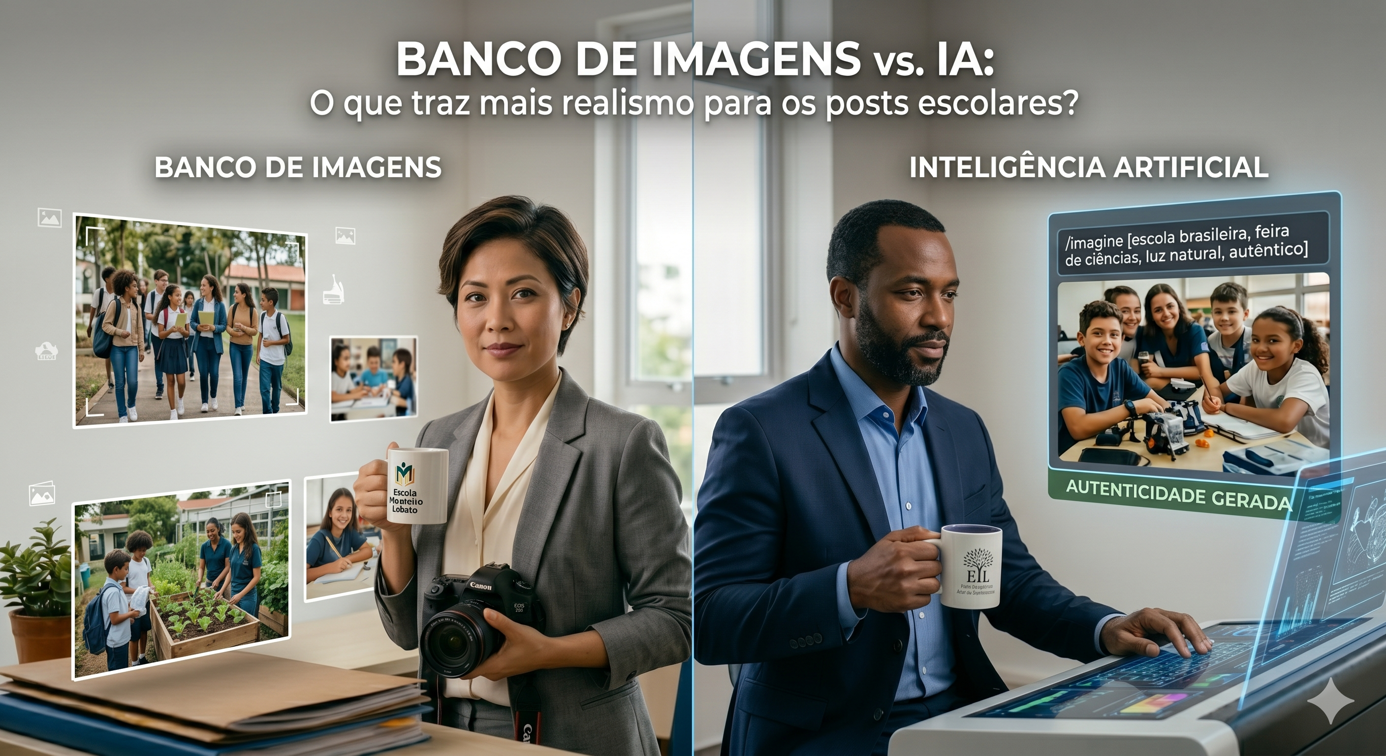 Banco de imagens vs. IA: O que traz mais realismo para os posts escolares?