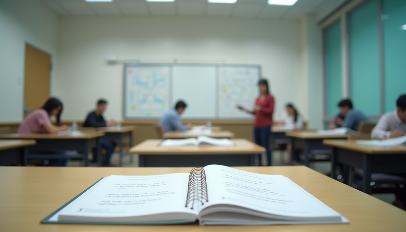 Close-up view of a modern classroom with language learning materials
