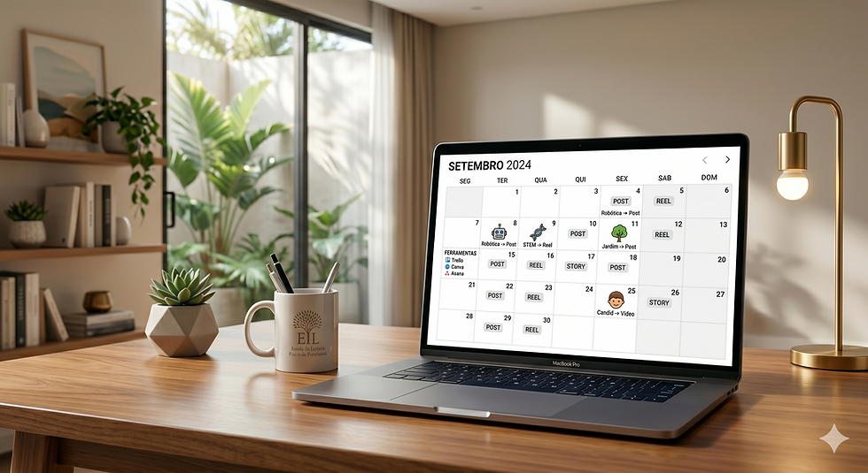 Mesa de madeira com laptop aberto em cima com um calendário escolar aberto