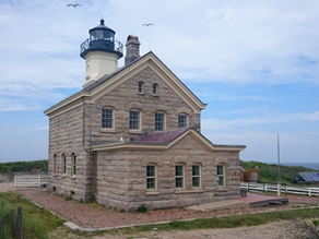 Block Island North Light, New Shoreham, Rhode Island, viewed from the rear to the right