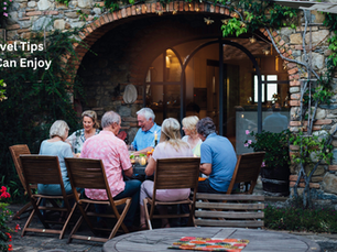 Group of older adults enjoying dinner while vacationing together