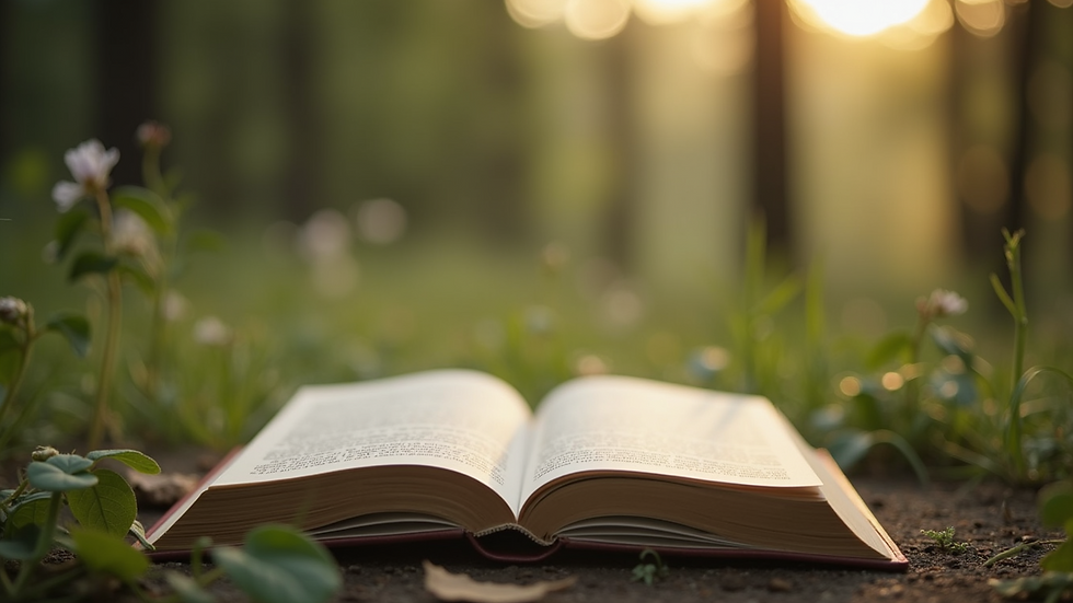 Close-up of an open book surrounded by a calm nature setting