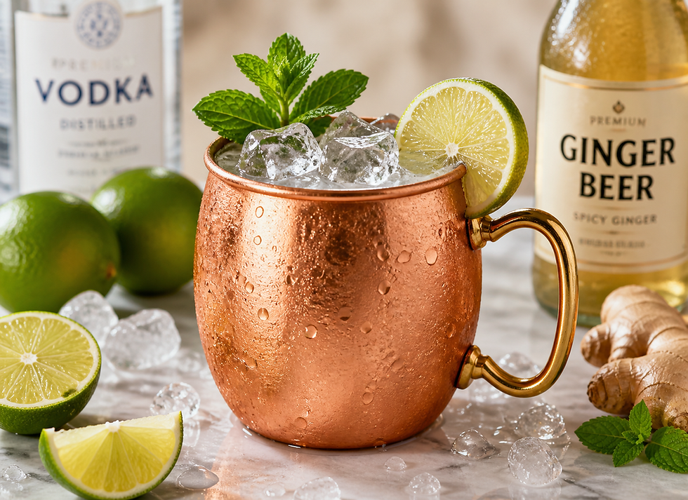 Copper mug with ice, mint, and lime slice; vodka and ginger beer bottles behind. Fresh limes and ginger on marble surface.