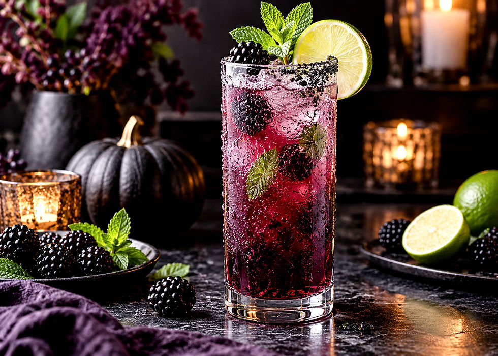 Midnight Blackberry Nojito mocktail styled with blackberries and subtle seasonal décor
