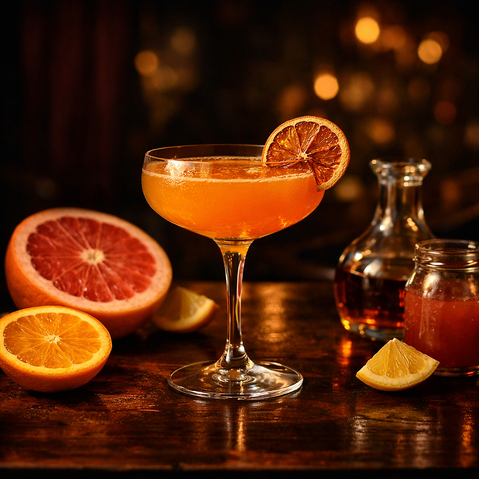 Golden orange cognac cocktail in a coupe glass with dehydrated citrus garnish surrounded by grapefruit, orange, lemon, cognac, and grapefruit syrup on a moody jazz lounge bar.