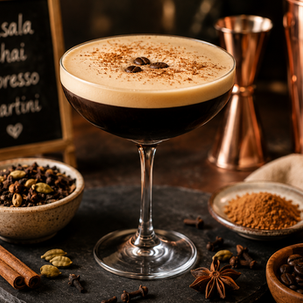 A Masala Chai Espresso Martini in a glass, surrounded by spices, coffee beans, and a sign with its name. Warm, cozy setting.