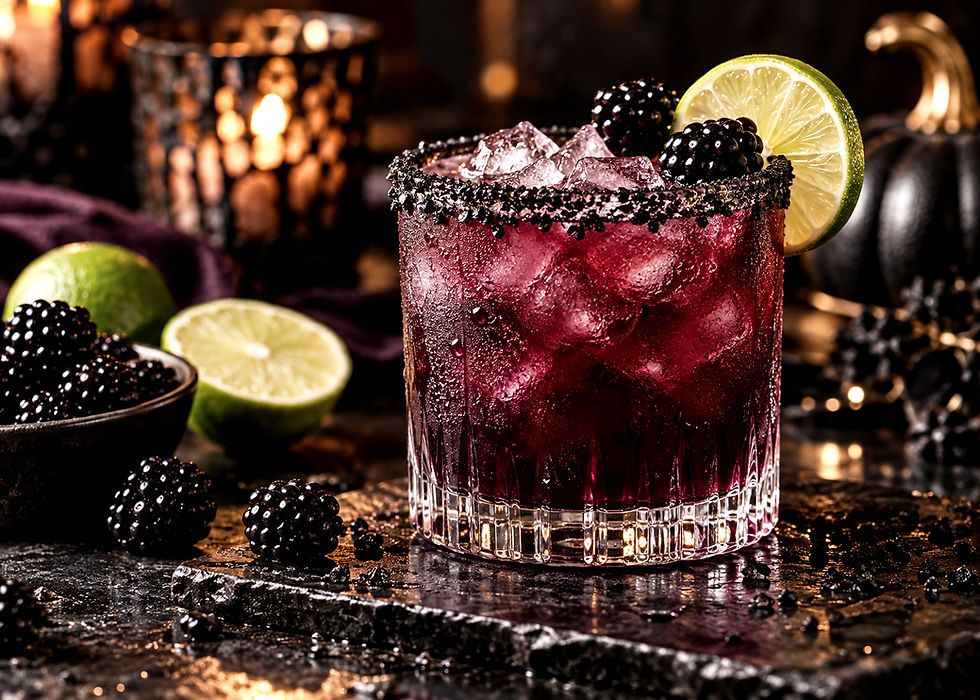 Purple Midnight blackberry Halloween margarita with black salt rim and fresh lime and blackberries nearby.