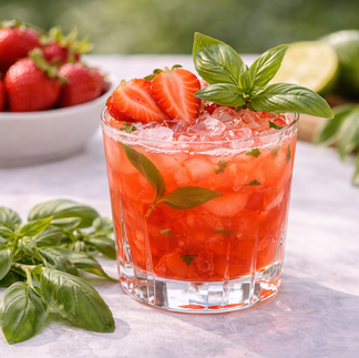 Berry Cocktail Strawberry craft cocktail with fresh berries and herbs served on a spring cocktail bar.