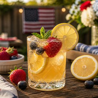 Featured Cocktails Section - Bourbon lemonade cocktail with fresh berries and citrus garnish in a rocks glass.