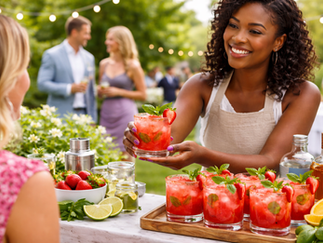 Professional bartender serving signature margarita cocktails at an outdoor private event.