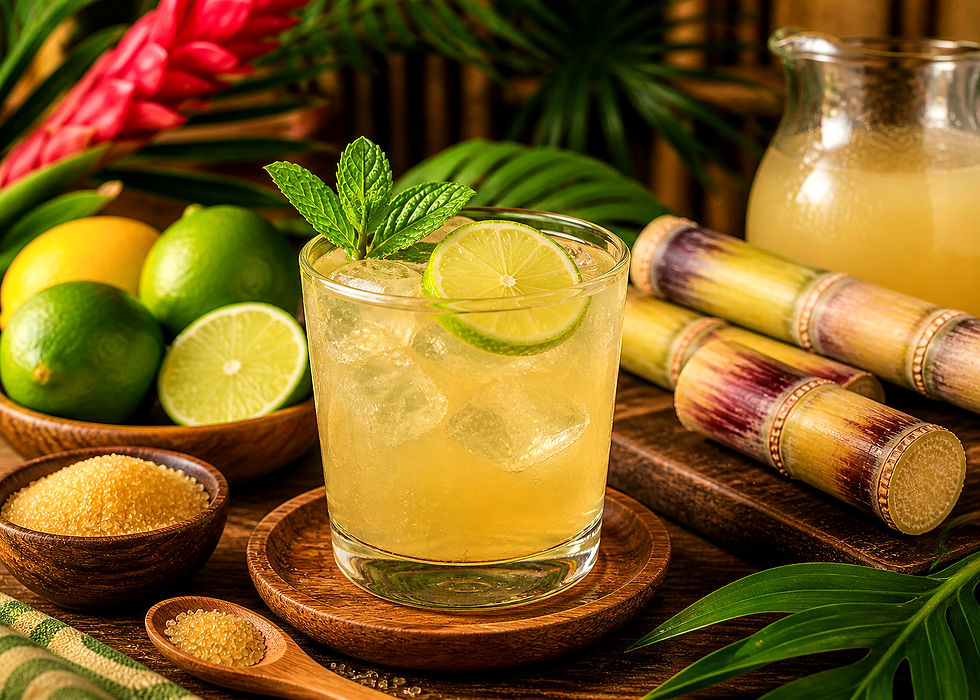 Glass of lime juice with mint and ice, surrounded by limes, sugarcane, and brown sugar. Tropical greenery in the background.