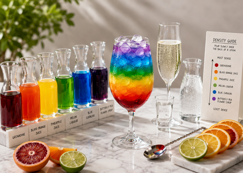 Cocktail ingredients arranged to demonstrate rainbow cocktail layering techniques and color theory