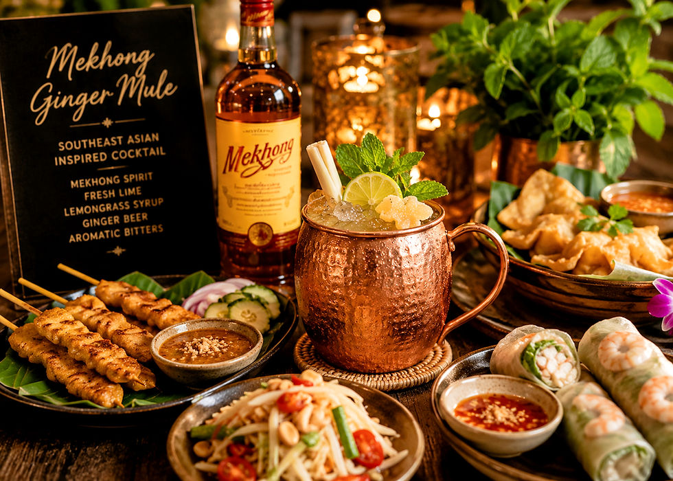Copper mug with Mekhong Mule cocktail, garnished with lime and mint, next to Southeast Asian dishes, a Mekhong bottle, and a menu card.