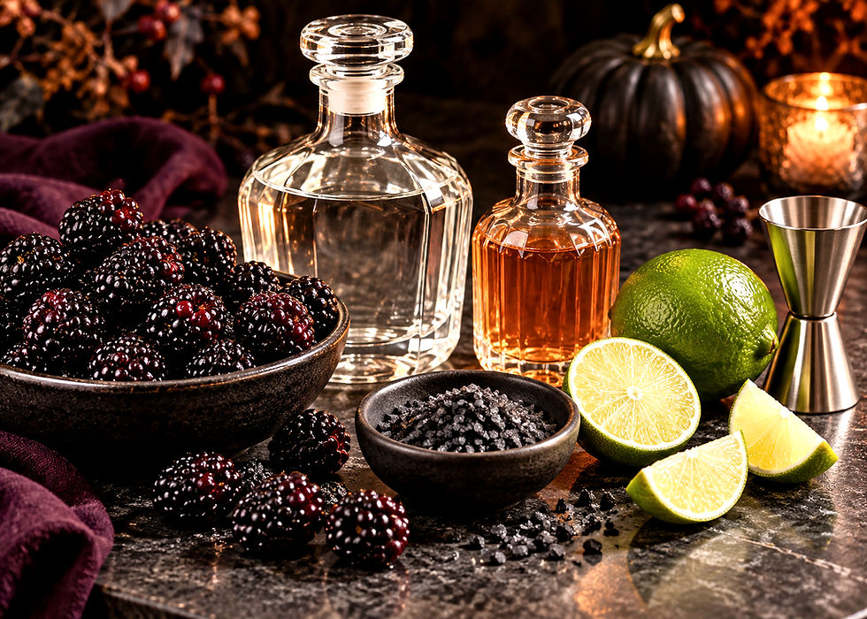 Close-up of all ingredients used to make a Halloween margarita: spirit, orange liqueur, blackberries, lime wheel, and black salt displayed.