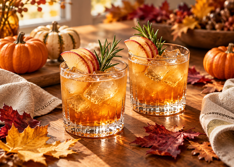 Two Thanksgiving Apple Cider Bourbon cocktails with ice, rosemary and apple slices on a wooden table, surrounded by pumpkins and fall leaves.