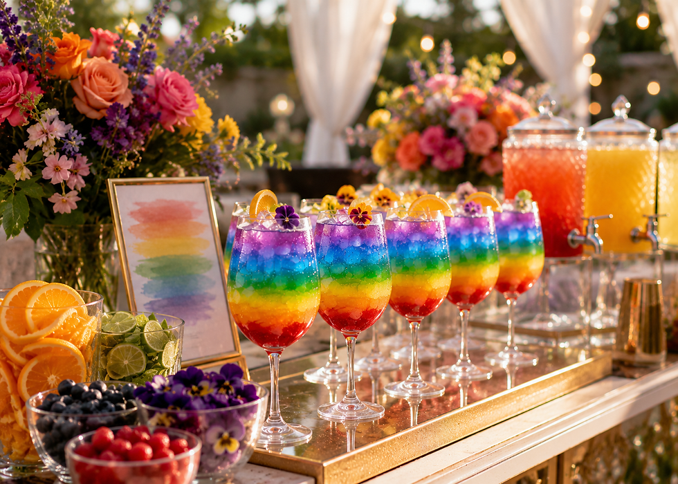 Rainbow layered cocktails with orange garnish on a gold tray, surrounded by flowers and fruit at a sunlit outdoor party.