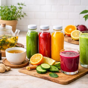 Dry January wellness setup featuring herbal detox teas, green smoothies, and fresh cold-pressed juices on a bright kitchen counter.