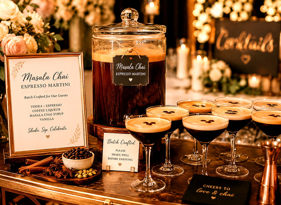 Masala Chai Espresso Martini bar setup with glasses, a large jar, and decor. Signs read "Batch Crafted" and "Cheers to love & chai."
