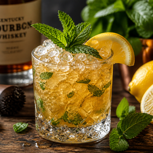 A glass of bourbon cocktail with ice, mint, and lemon slice on wooden table. A whiskey bottle, mint leaves, and lemons in background.