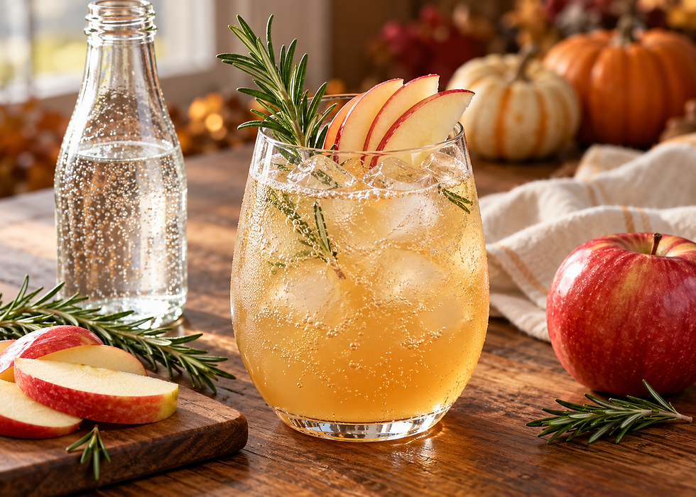 Harvest Apple Rosemary Fizz Mocktail. Apple spritz with rosemary and sliced apples on a rustic table, with a glass bottle, pumpkins, and warm autumn decor.