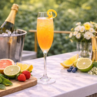 Sparkling Cocktail. Sparkling wine cocktail with citrus garnish served on a bright outdoor bar.