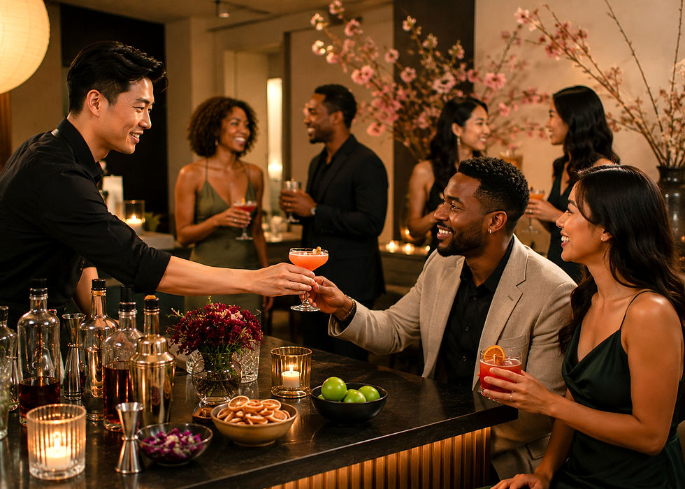 Party scene with smiling people in elegant attire, holding cocktails. Bartender serves a drink. Warm lighting, pink floral decor.