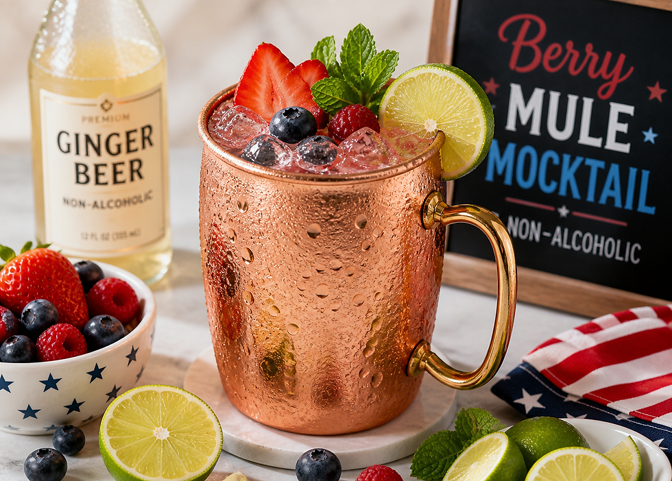 Copper mug with a berry mule mocktail, garnished with lime and mint. Ginger beer bottle, berry bowl, and sign reading "Berry Mule Mocktail" in background.
