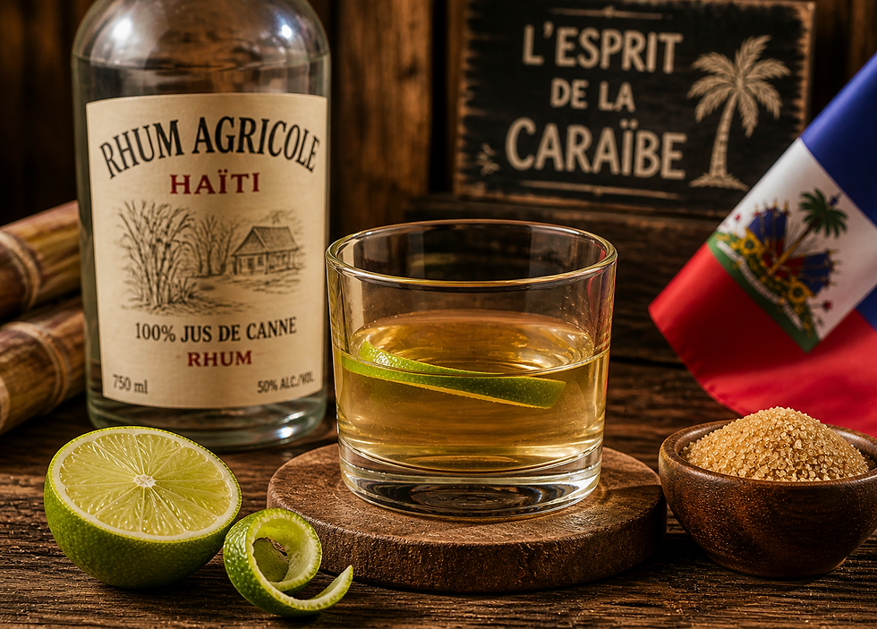 Bottle of Haitian rum, a glass with lime, sugar cane, and a bowl of raw sugar on a wooden surface. Haitian flag and "L'esprit de la Caraïbe" text.