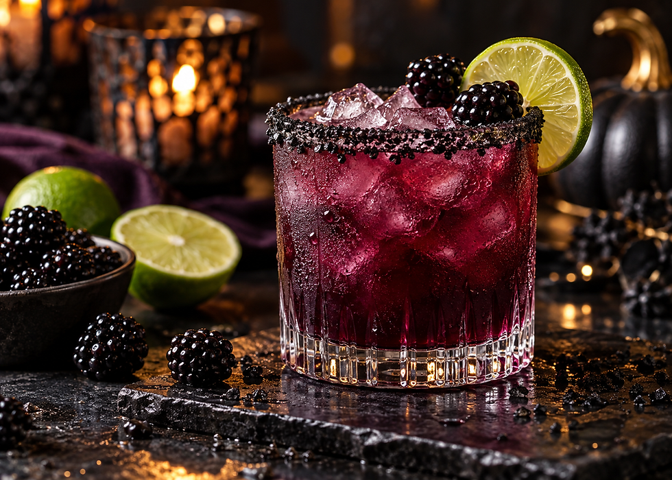 Midnight blackberry Halloween margarita with black salt rim and fresh lime.