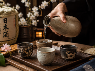 Traditional sake pouring ceremony with ceramic cups