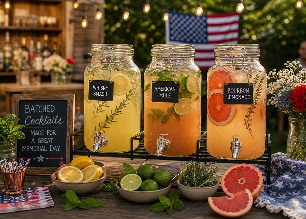 Three glass dispensers with Whisky Smash, American Mule, and Bourbon Lemonade. USA flag, flowers, and fruit garnish a festive outdoor setting.