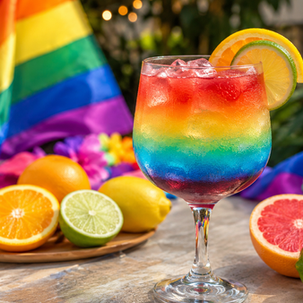 Rainbow cocktail with citrus garnish on a table, with rainbow flag and fruit in a festive outdoor Pride setting.