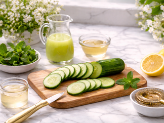Ingredient Image. Fresh cucumbers, elderflower liqueur, lemon, and mint are arranged to make a cucumber elderflower spritz cocktail.