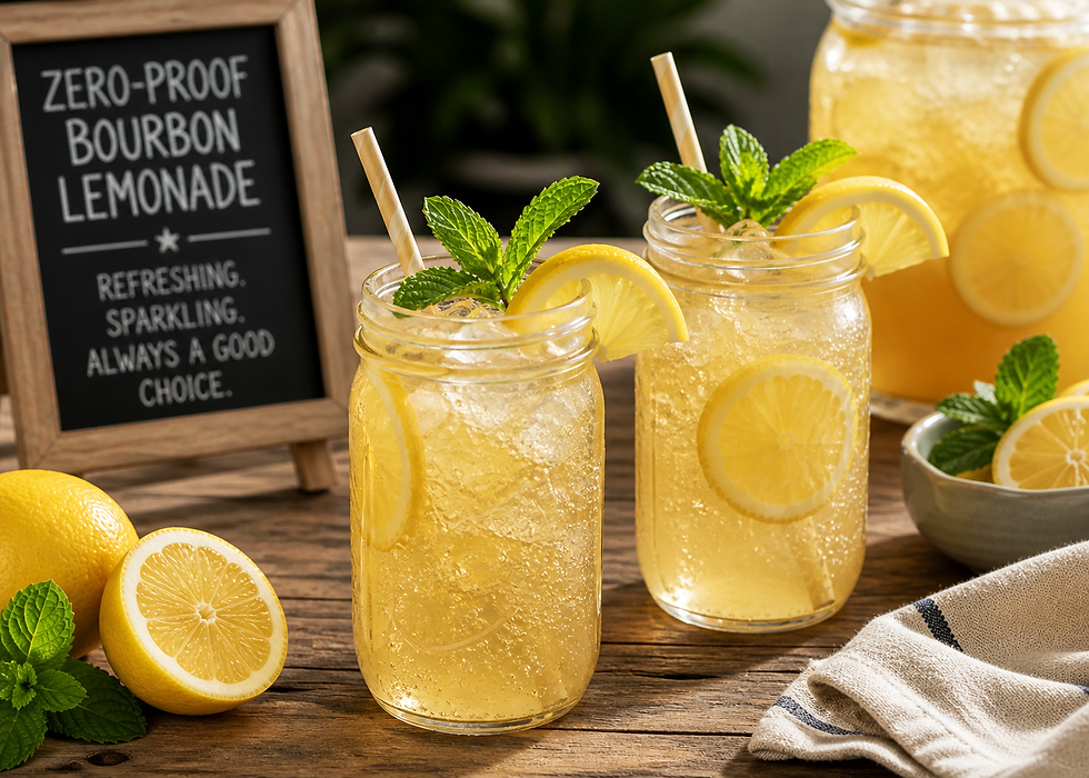 Mason jars of sparkling lemonade with lemon slices and mint, next to a chalkboard reading "Zero-Proof Bourbon Lemonade." Fresh lemons nearby.