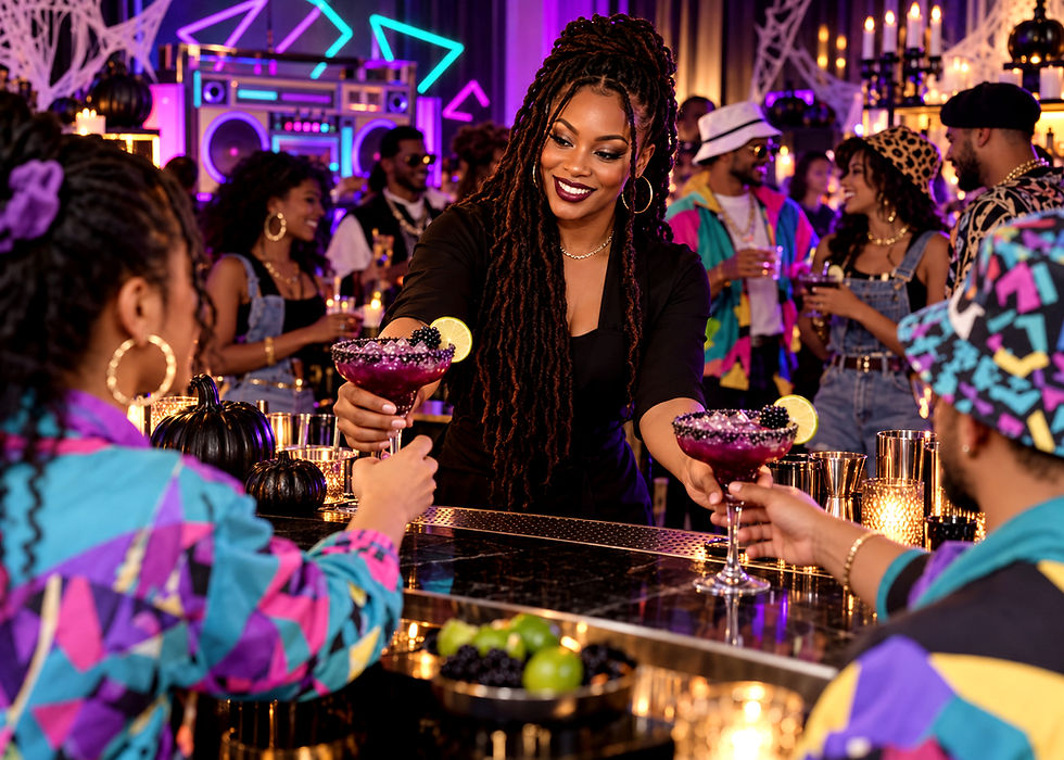 Female bartender with locs, serving midnight blackberry margaritas over ice in a traditional margarita glass at a ' 90s-themed, costumed Halloween cocktail party.