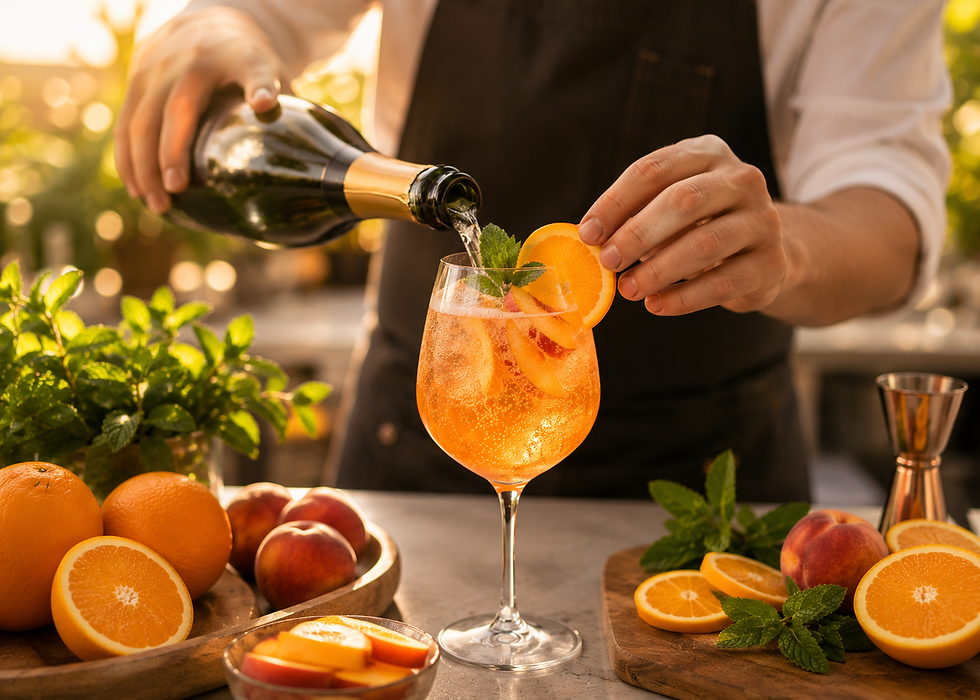 Bartender pours sparkling wine into an orange cocktail garnished with citrus and mint on a sunlit outdoor bar.