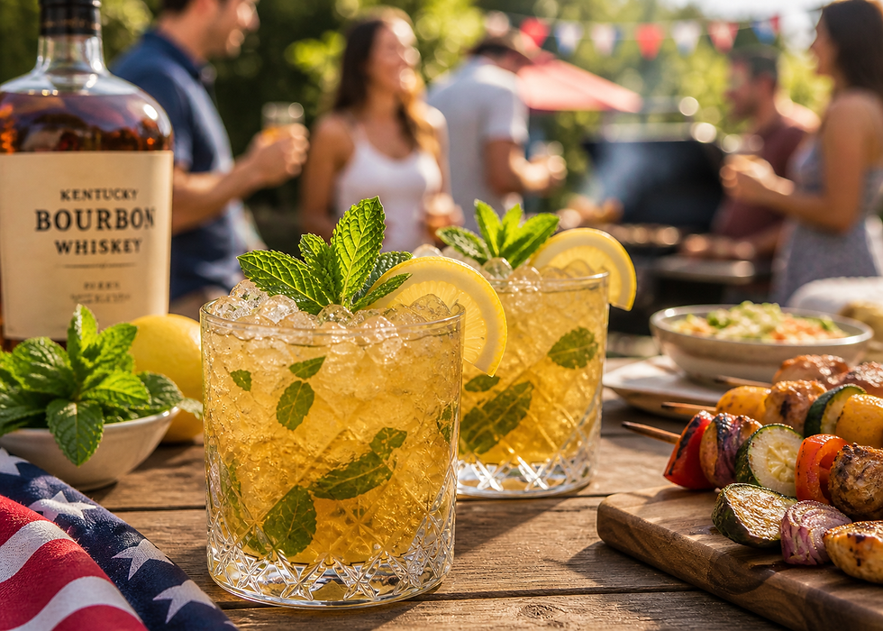 Glasses of mint juleps with lemon slices on a table with a bourbon bottle. People enjoying a sunny outdoor gathering in the background.