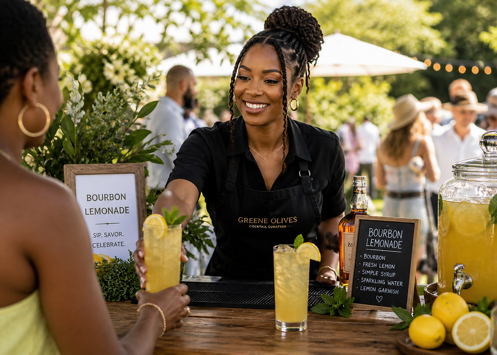 Bartender smiles, serving bourbon lemonade to a customer outdoors. Menu reads: Bourbon Lemonade. Greenery and people in background.